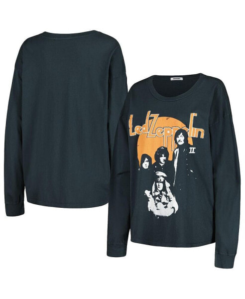 Women's Black Distressed Led Zeppelin Portrait Merch Long Sleeve T-shirt
