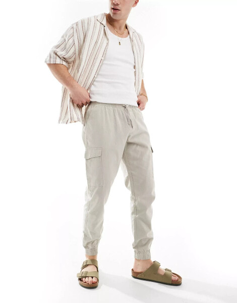 Brave Soul linen blend elasticated waist cargo trousers in light stone