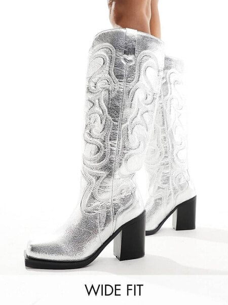 Public Desire Wide Fit Austine knee boot with western stitching in metallic silver