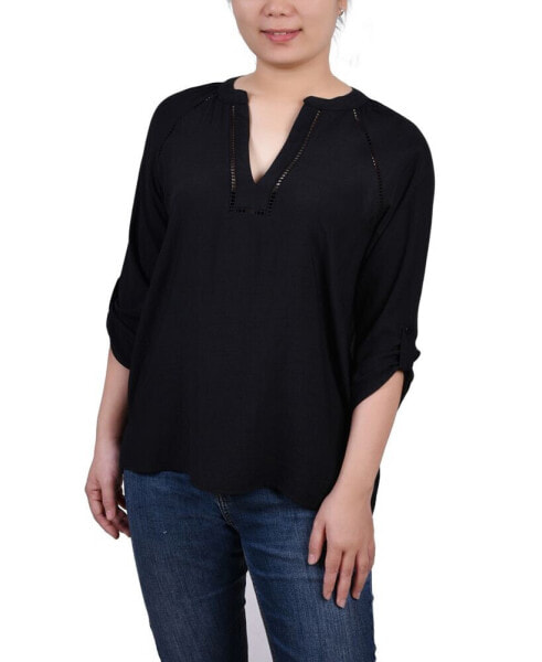 Women's Raglan Sleeve Split Neck Blouse Top