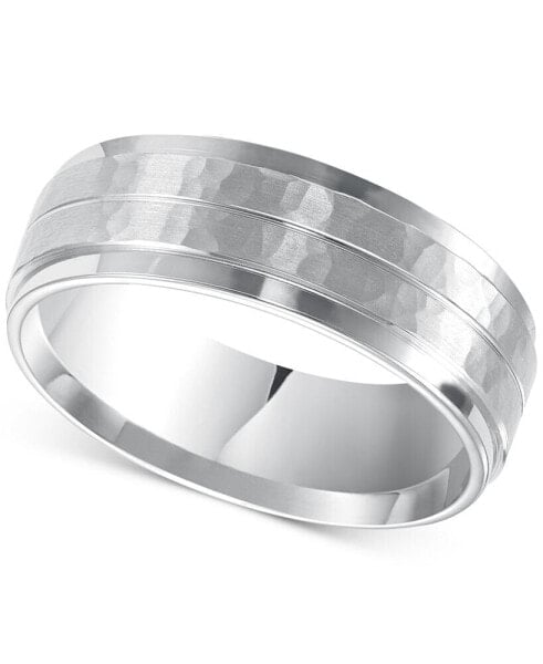Men's Hammered and Brush Finish Wedding Band in 14k White Gold