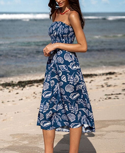 Women's Blue Seashell Smocked Bodice Midi Tube Beach Dress