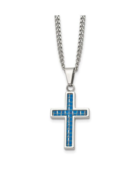 Chisel blue Carbon Fiber Inlay Cross Pendant Curb Chain Necklace