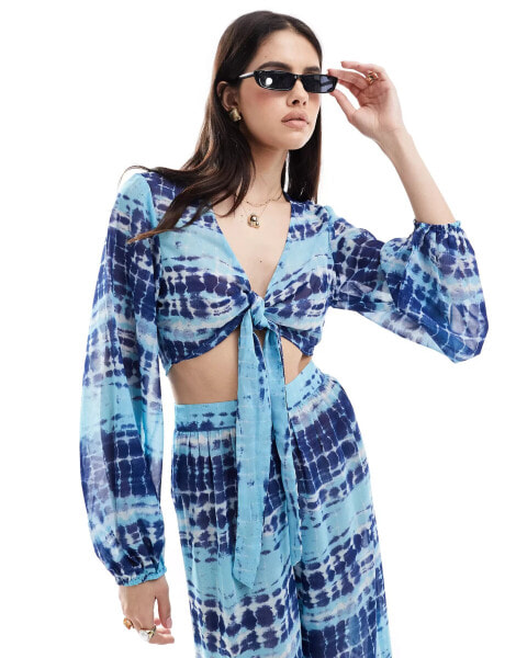 Wednesday's Girl tie-detail long sleeve batik print beach top in blue co-ord