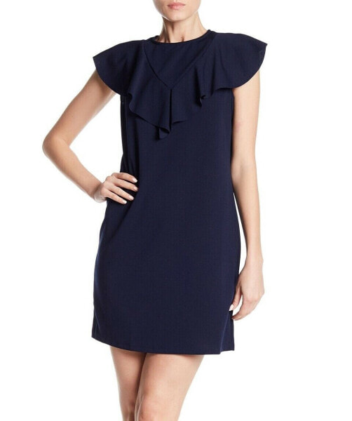 The Vanity Room 157664 Women's Ruffle Trim Sleeveless Shift Dress Navy Sz. Small