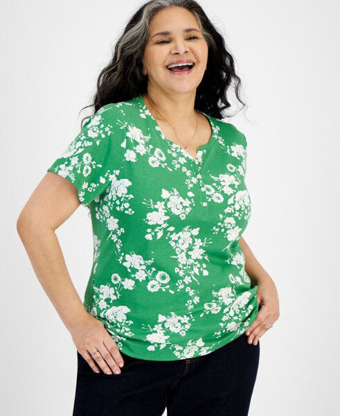 Plus Size Short-Sleeve Henley Printed Top, Created for Macy's