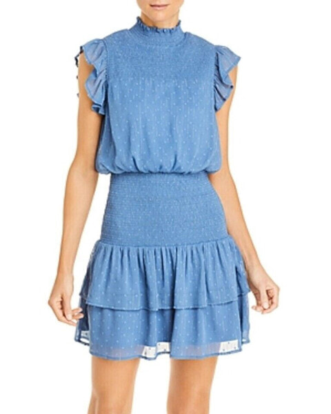 Aqua Ruffle Short Sleeve Smocked Mini Dress Denim Blue M