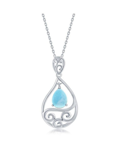 Sterling Silver Dangling Pearshaped Larimar and Waves Necklace