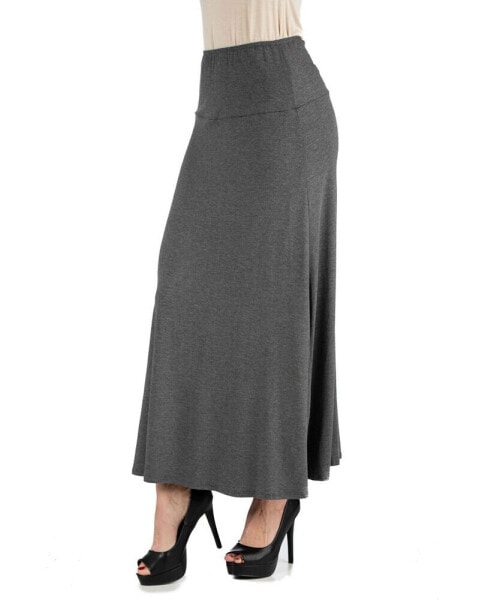 Women Elastic Waist Solid Color Maxi Skirt