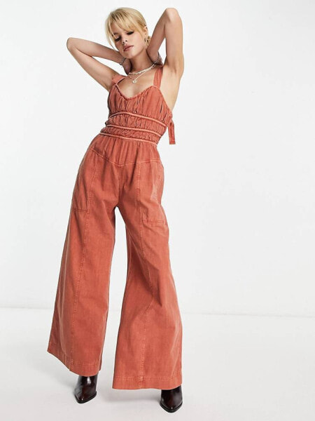 Free People ruched detail crinkle jumpsuit in cinnamon