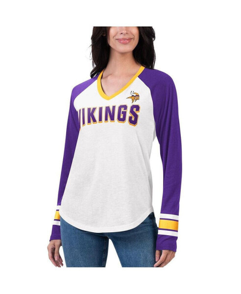 Women's White, Purple Minnesota Vikings Top Team Raglan V-Neck Long Sleeve T-shirt