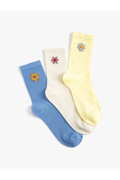 Çiçekli 3'lü Soket Çorap Seti İşlemeli Çok Renkli