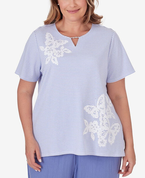 Plus Size Summer Breeze Mini Stripes T-shirt with Butterfly Lace Detail