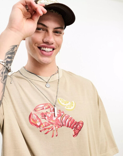 ASOS DESIGN oversized t-shirt in beige wash with lobster print