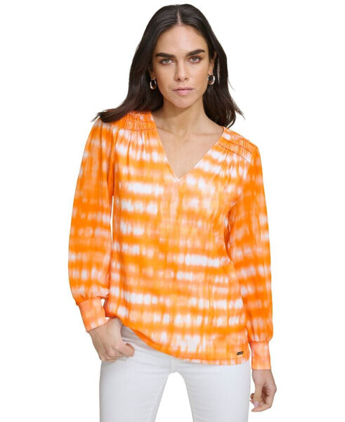 Women's Printed V-Neck Blouson-Sleeve Top