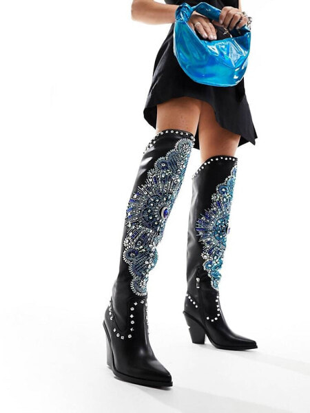 Azalea Wang Axelbeat embellished front western boot in black