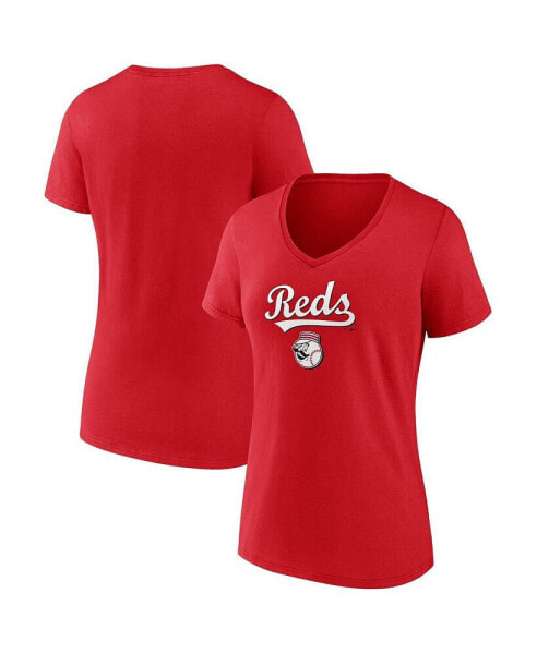 Women's Red Cincinnati Reds Team Lockup V-Neck T-shirt