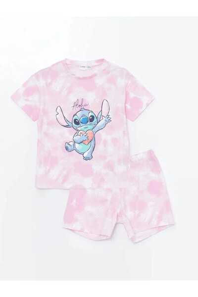 LCW Kids Bisiklet Yaka Stitch Baskılı Kısa Kollu Kız Çocuk Şortlu Pijama Takımı