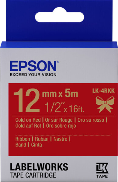 Epson Label Cartridge Satin Ribbon LK-4RKK Gold/Red 12mm (5m) - Gold on red - Japan - Satin - Epson - LabelWorks LW-400VP LabelWorks LW-700 LabelWorks LW-Z900FK - 1.2 cm