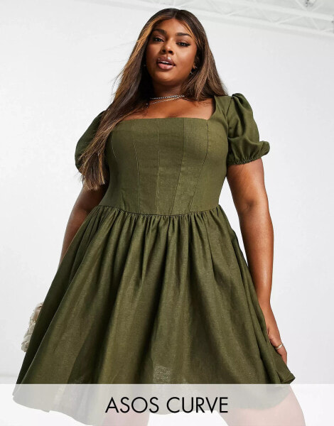 ASOS DESIGN Curve – Kurzes Skater-Kleid aus Leinen in Khaki mit Puffärmeln und Korsettdetail