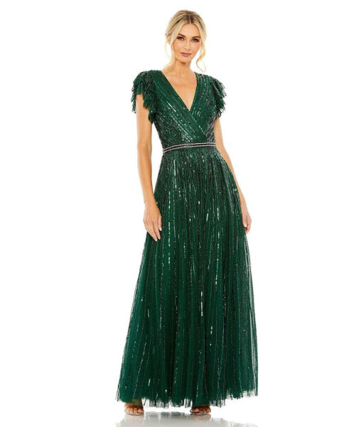 Women's Sequined Wrap Over Ruffled Cap Sleeve Gown