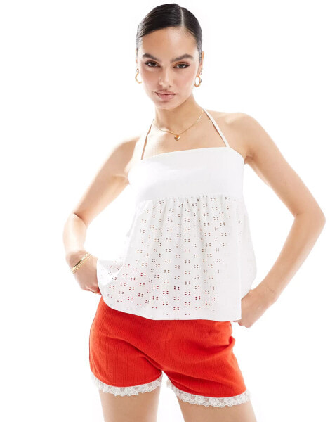 ASOS DESIGN broderie babydoll peplum halter top in white