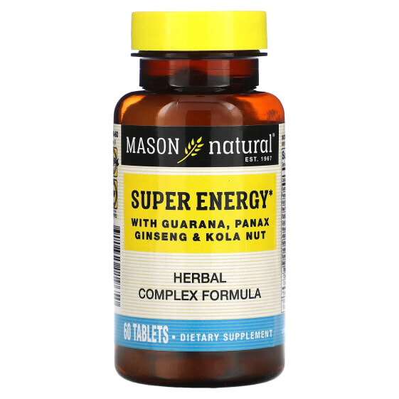 Энергетик Супер с гуараной, панаксом гинсенгом и колой, 60 таблеток от Mason Natural