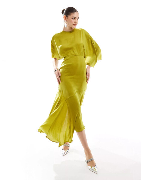 ASOS DESIGN satin flutter sleeve asymmetric hem midi dress in chartreuse