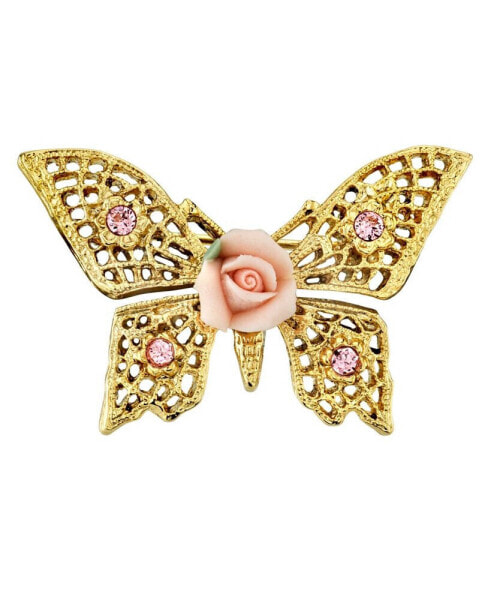 Gold-Tone Pink Crystal and Porcelain Rose Butterfly Brooch