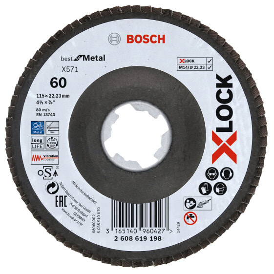 Bosch X-LOCK Fächerschleifscheibe, abgewinkelte Ausführung, Fibertragplatte, Ø115 mm, K 60, X571, Best for Metal, 1 Stück D = 115 mm; K = 60, abgewinkelt