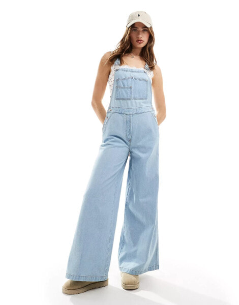 ASOS DESIGN soft wide leg dungaree in mid blue