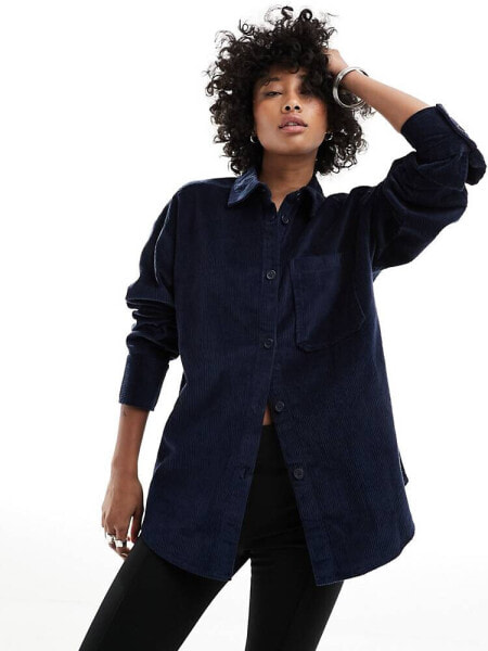 Monki long sleeve cord shirt in navy blue