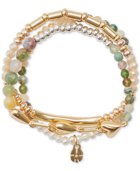 Gold-Tone 3-Pc. Set Heart Charm Mixed Bead Stretch Bracelets