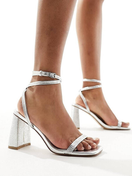 Simmi London Wide Fit Bolt block heeled sandal in embellished silver