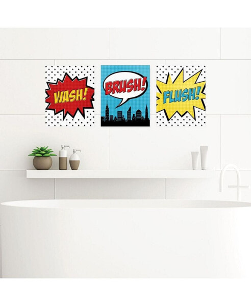 BAM! Superhero Unframed Wash, Brush, Flush Bathroom Art 8 x 10 inches Set of 3
