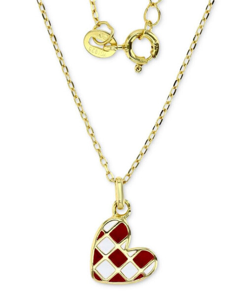 Enamel Heart Checkerboard Pattern Pendant Necklace in 14k Gold-Plated Sterling Silver, 13" + 2" extender