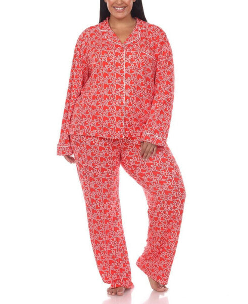 Plus Size 2 Piece Long Sleeve Heart Print Pajama Set