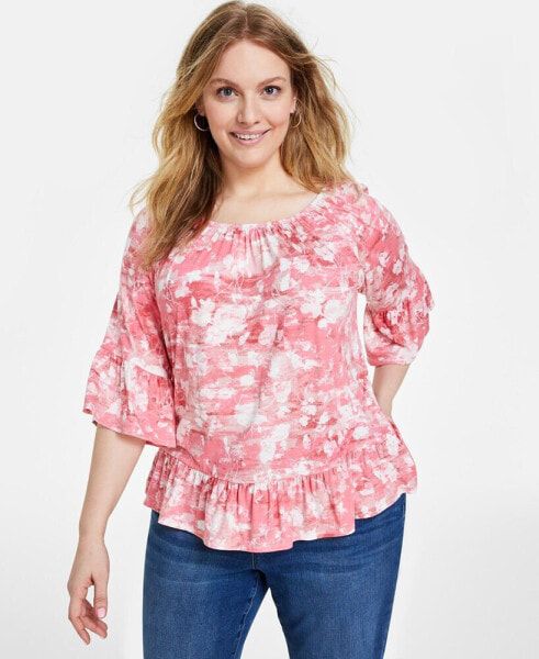 Plus Size Printed On/Off-The-Shoulder Knit Top, Created for Macy's