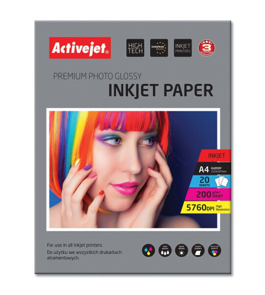 Activejet AP4-200G20 glossy photo paper; for ink printers; A4; 20 pcs - Gloss - 200 g/m² - Inkjet - A4 - 21x29.7 cm - White