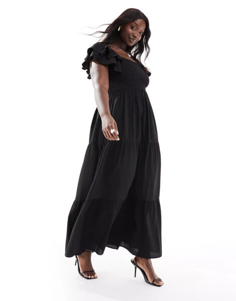 Pretty Lavish Curve ruffle sleeve shirred maxi dress in black