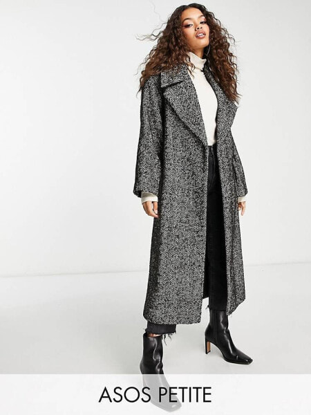 ASOS DESIGN Petite smart herringbone belted coat in black and white