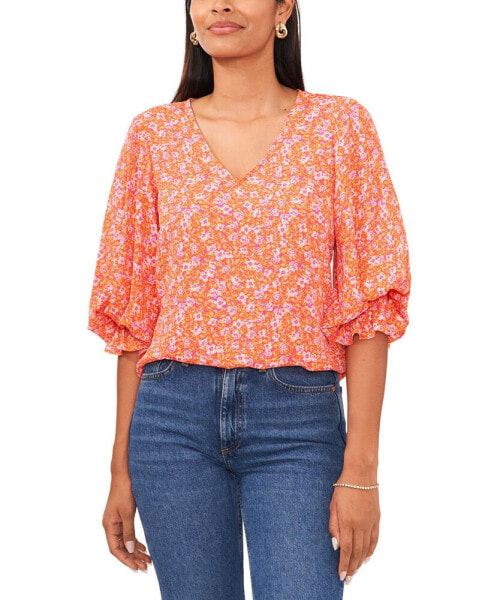 Women's Floral V-Neck Smocked Cuff Long-Sleeve Top