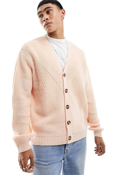 ASOS DESIGN knitted fisherman rib cardigan in light pink