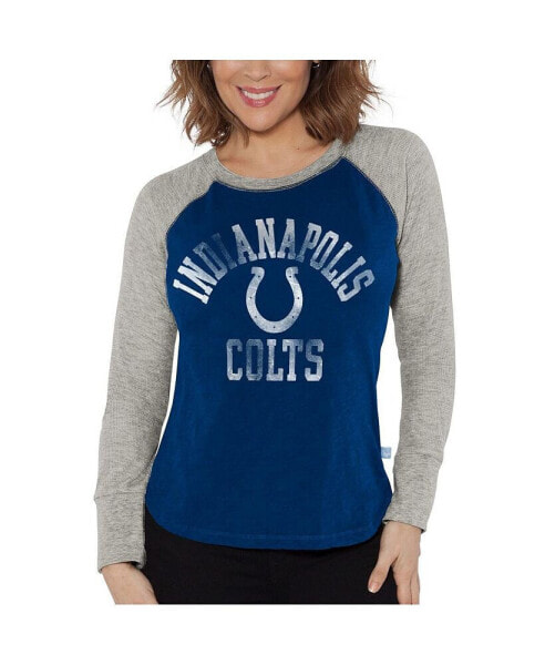 Women's Royal, Heather Gray Distressed Indianapolis Colts Waffle Knit Raglan Long Sleeve T-shirt