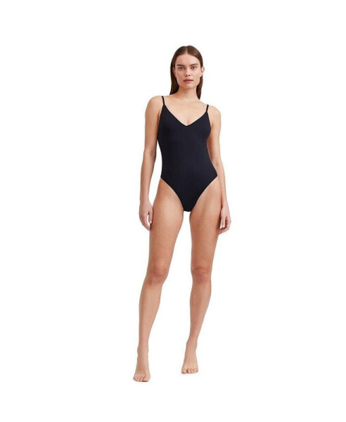 Women's Solid V neck one piece swimsuit with strap back detail