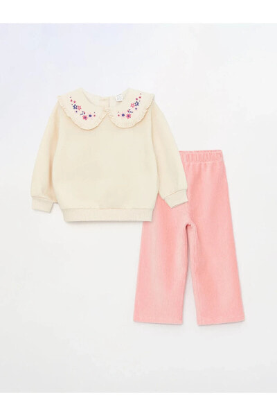 Bebe Yaka Uzun Kollu Nakışlı Kız Bebek Sweatshirt ve Pantolon