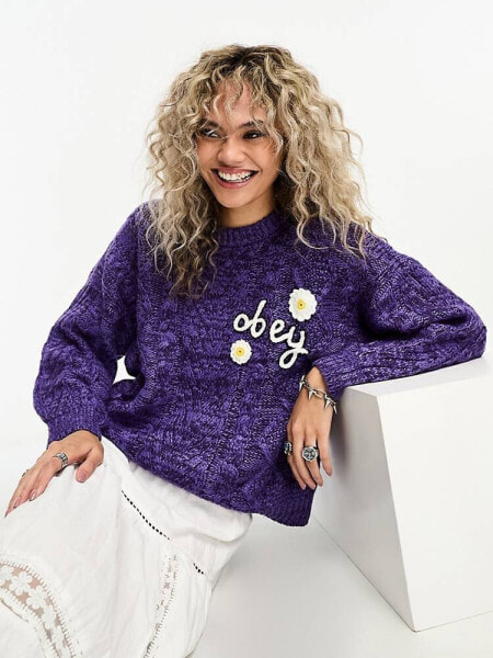 Obey flora knitted jumper in purple