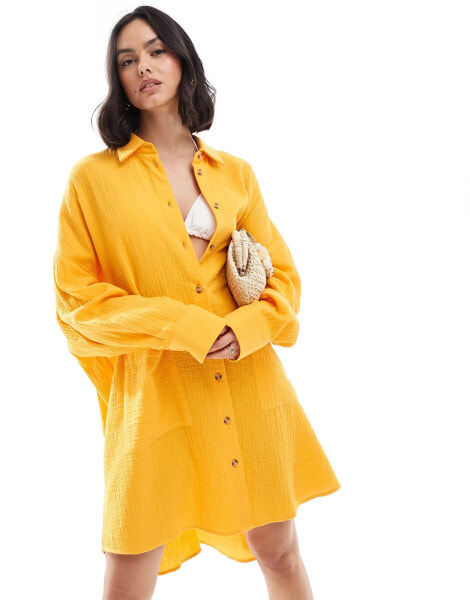 ASOS DESIGN double cloth oversized shirt dress with dropped pockets in tangerine