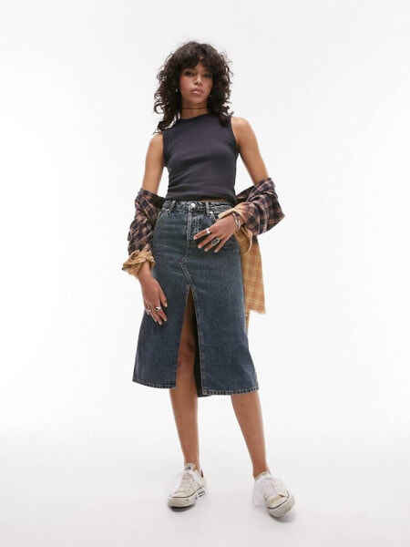 Topshop denim midi fishtail skirt in dirty dark wash