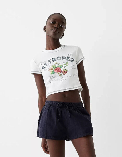 Bershka linen look tie waist shorts in rich navy